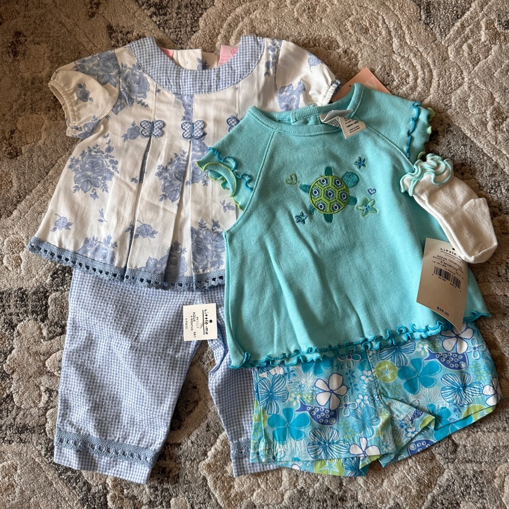 NWT Baby Girl Little Me Aqua Turtle Set & Blue Floral Gingham Set NWT 6M 3/6M